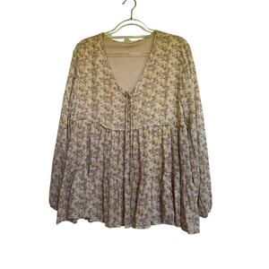 Peach Love California Long Sleeve Floral Lined V Neck Women's Large Ruffle Top